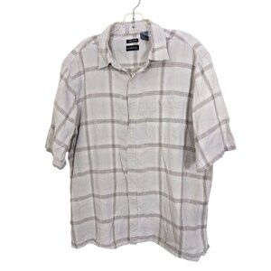 George Shirt Linen Blend Shirt Men Size XL Beige Check Short Sleeve Button Front